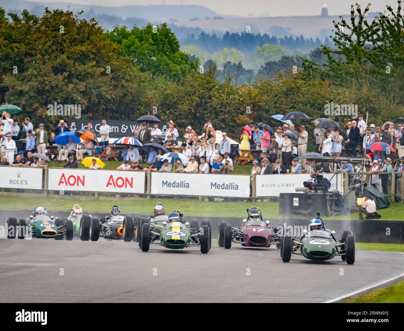 Voitures Lotus F1 en course dans une course humide Glover Trophy au Goodwood Revival, West Sussex Royaume-Uni Banque D'Images
