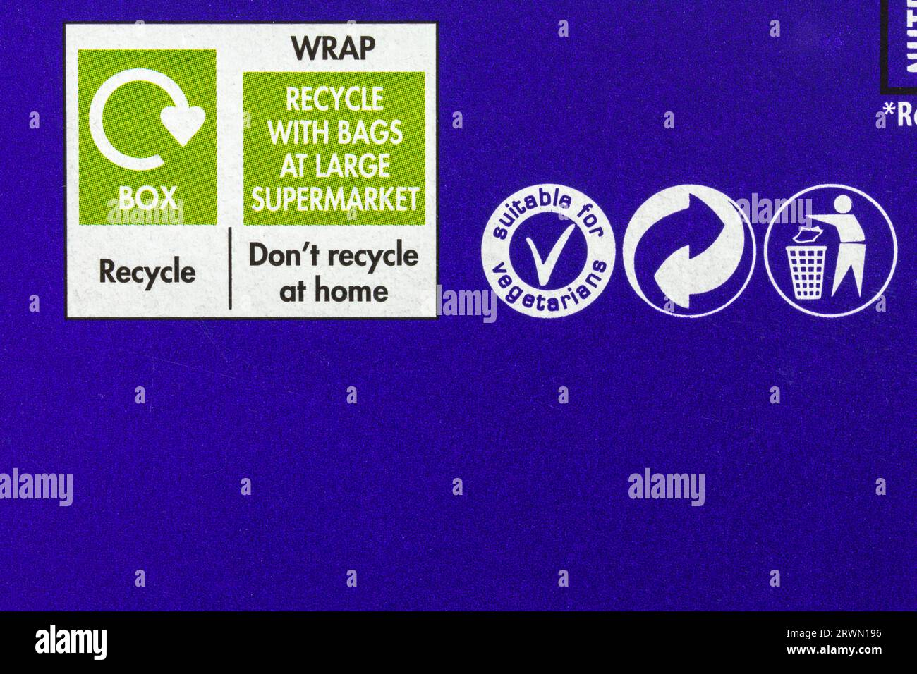 Recyclage information sur le recyclage sur la boîte de crèmes glacées Cadbury Caramilk - recyclage des déchets symbole du logo recyclage Banque D'Images