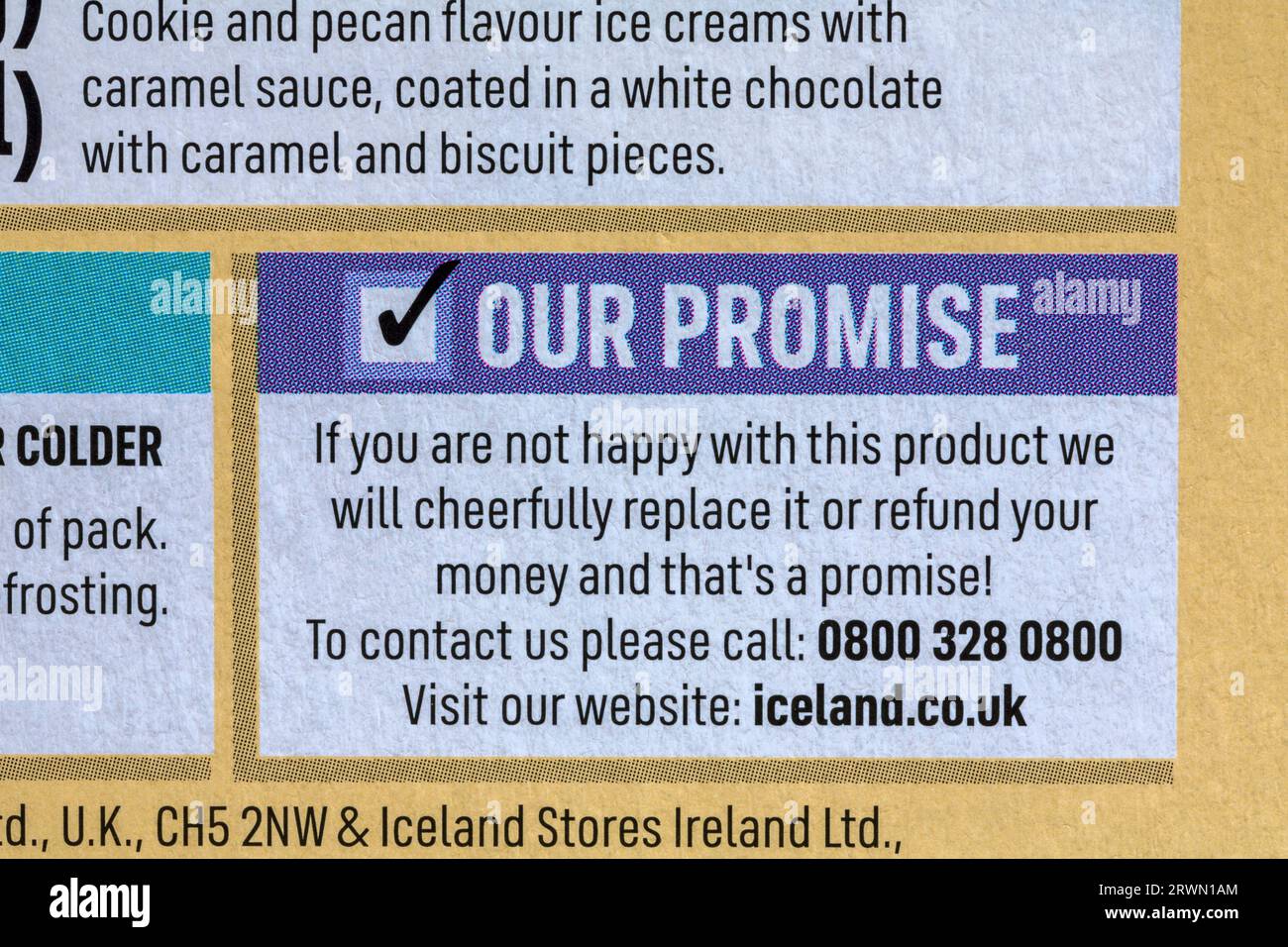 Notre promesse d'informations sur la boîte de Iceland Majestics Billionaires White Chocolate Sticks glaces Banque D'Images