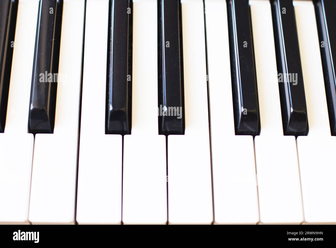 Touches du synthétiseur arrière-plan noir et blanc avec espace de copie pour votre texte. Vue rapprochée du dessus de l'octave du piano. Clavier instrument de musique. Classe de musique co Banque D'Images