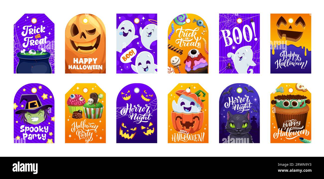 Étiquettes cadeau de vacances Halloween avec citrouilles, monstres et fantômes, vecteur de dessin animé. Joyeux Halloween et truquez ou gâtez les étiquettes de fête avec des bonbons effrayants et des bonbons effrayants de crâne de squelette et potion de sorcière Illustration de Vecteur