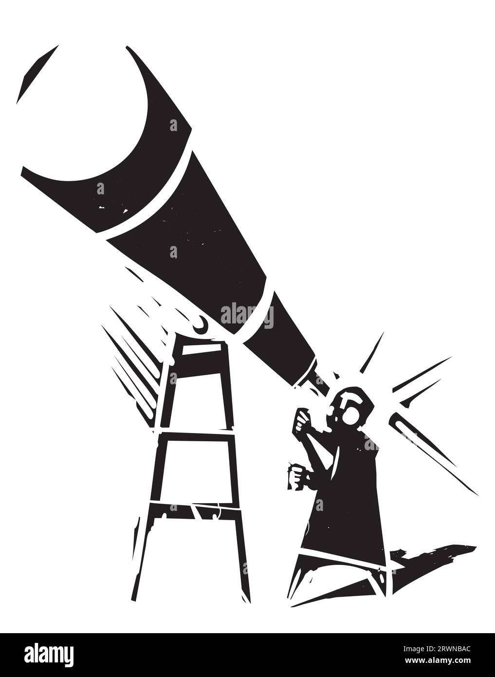 Homme expressionniste de style gravé sur bois regardant hors d'un télescope Illustration de Vecteur