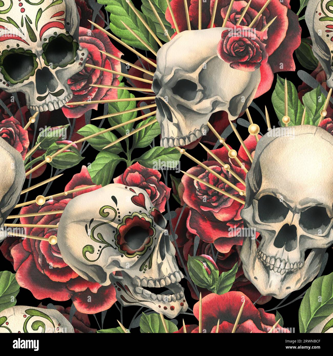 Crânes humains avec un ornement, roses rouges dans une couronne dorée, branches. Illustration aquarelle dessinée à la main pour Halloween, jour des morts, Dia de los Banque D'Images