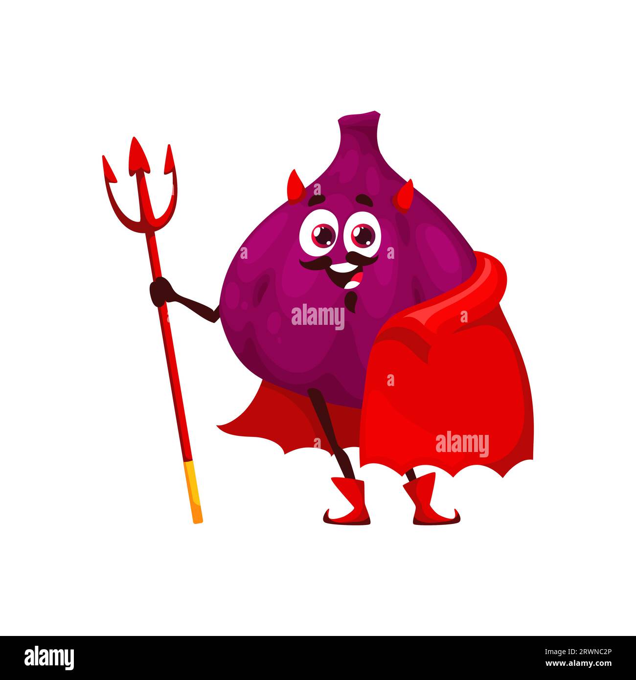 Dessin animé drôle Halloween Figs fruit personnage en costume de diable de vacances. Figue malicieuse vecteur isolée, habillée en imp ou satan, arbore un sourire effronté avec des cornes, une cape rouge, des bottes et une fourche Illustration de Vecteur