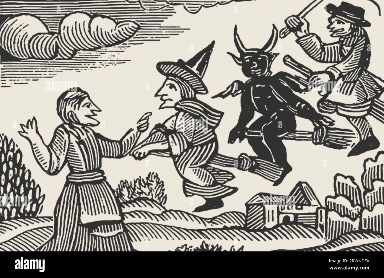 COTTON MATHER (1663-1728) Ministre puritain de la Nouvelle-Angleterre. La gravure sur bois des sorcières et un démon de son "merveilles des mondes invisibles" publié en 1693. Banque D'Images
