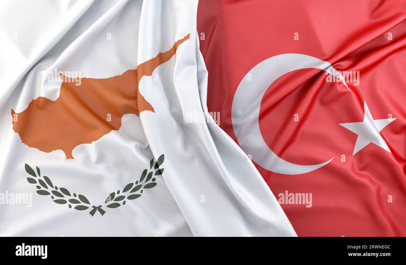 Drapeaux volants de Chypre et de Turquie. Rendu 3D. Banque D'Images