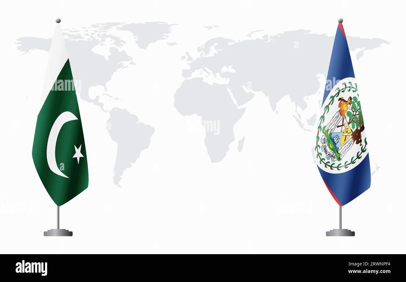 Drapeaux du Pakistan et du Belize pour la réunion officielle sur fond de carte du monde. Illustration de Vecteur