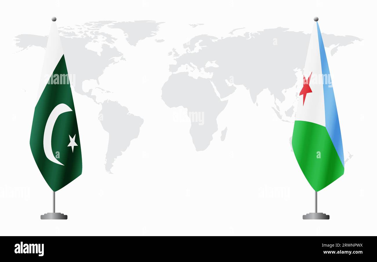Drapeaux du Pakistan et de Djibouti pour la réunion officielle sur fond de carte du monde. Illustration de Vecteur