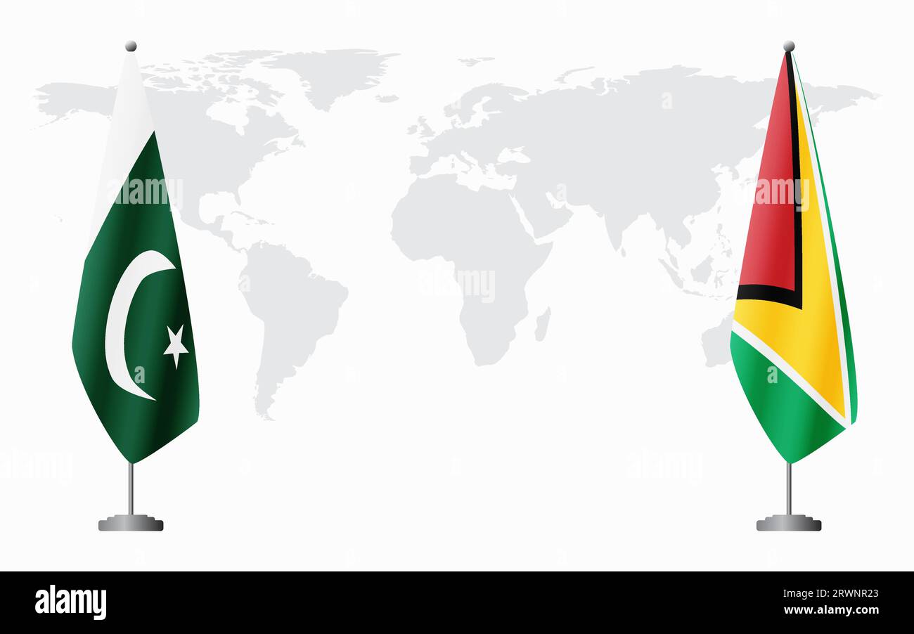 Drapeaux du Pakistan et du Guyana pour la réunion officielle sur fond de carte du monde. Illustration de Vecteur