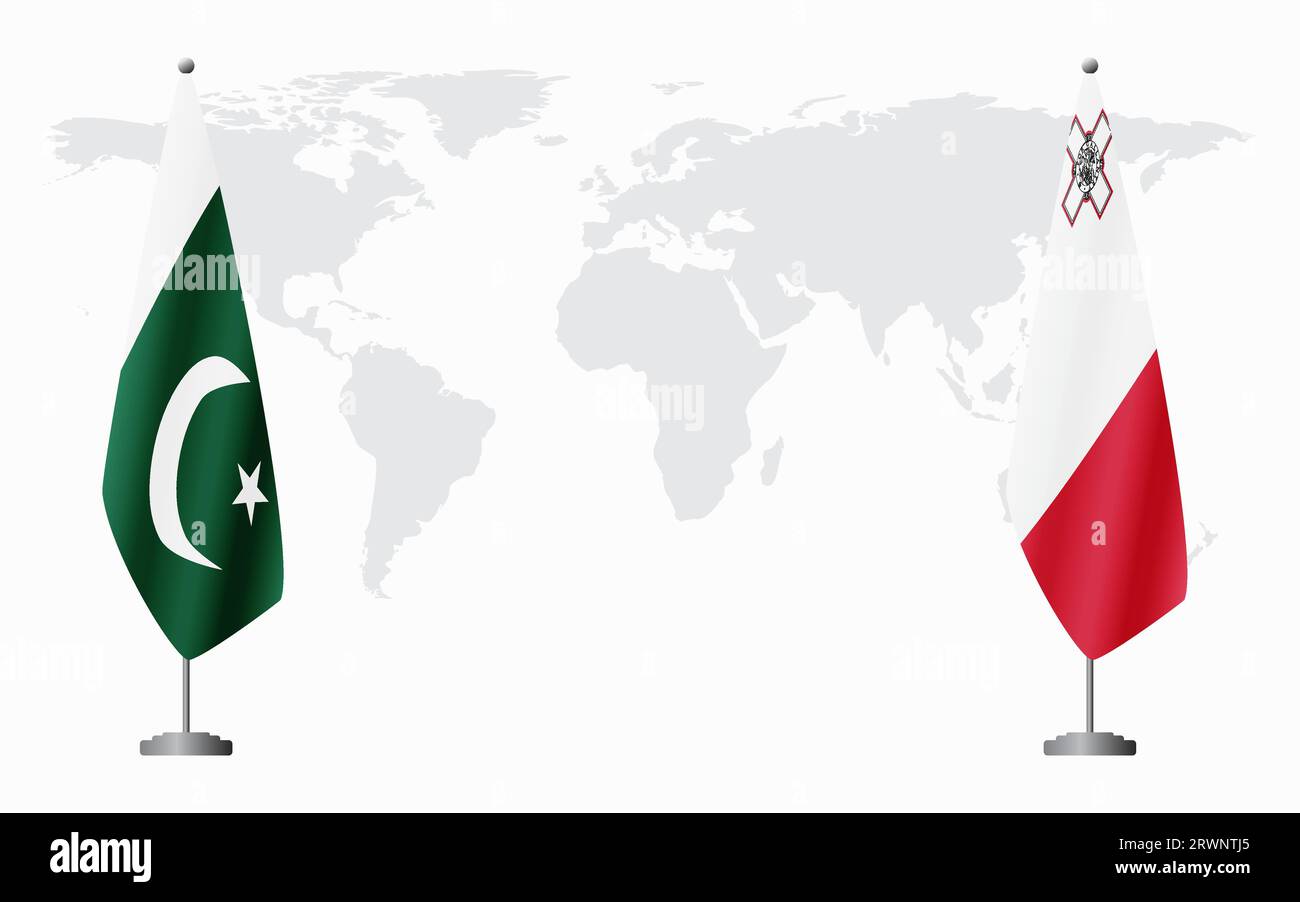 Drapeaux du Pakistan et de Malte pour la réunion officielle sur fond de carte du monde. Illustration de Vecteur