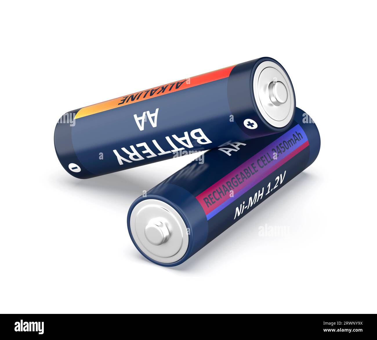 Piles alcalines et rechargeables ni-MH AA sur fond blanc Banque D'Images