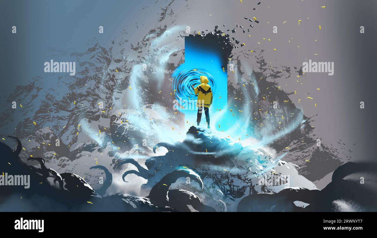 homme dans un capot jaune ouvrant un portail sur le sommet de la montagne, style art numérique, peinture d'illustration Banque D'Images
