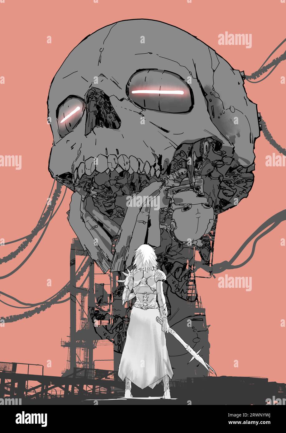 personnage de femme avec une baguette debout contre une structure géante en forme de crâne, style d'art numérique, peinture d'illustration Banque D'Images