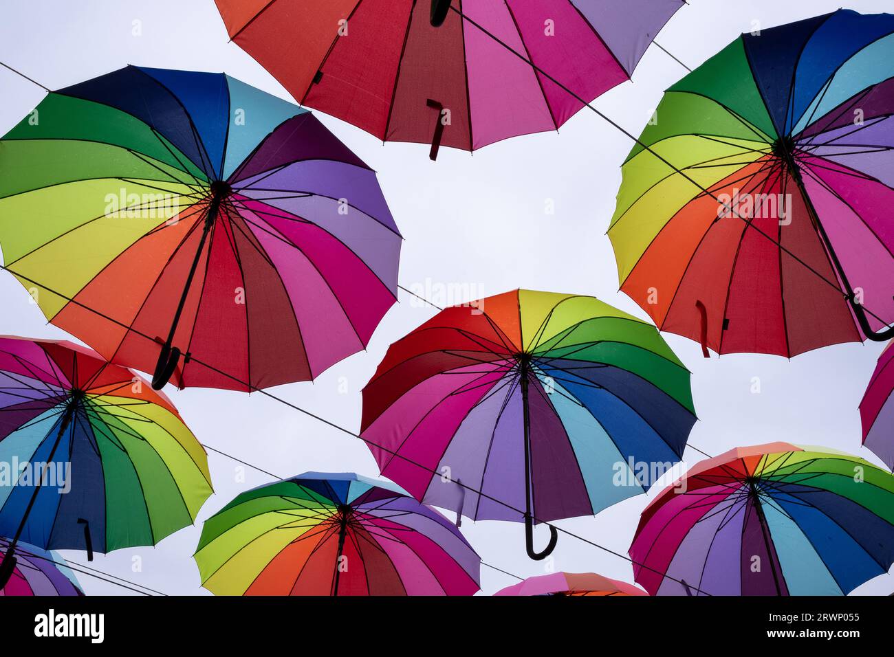 Beaucoup de parapluies de couleur arc-en-ciel contre le ciel Banque D'Images