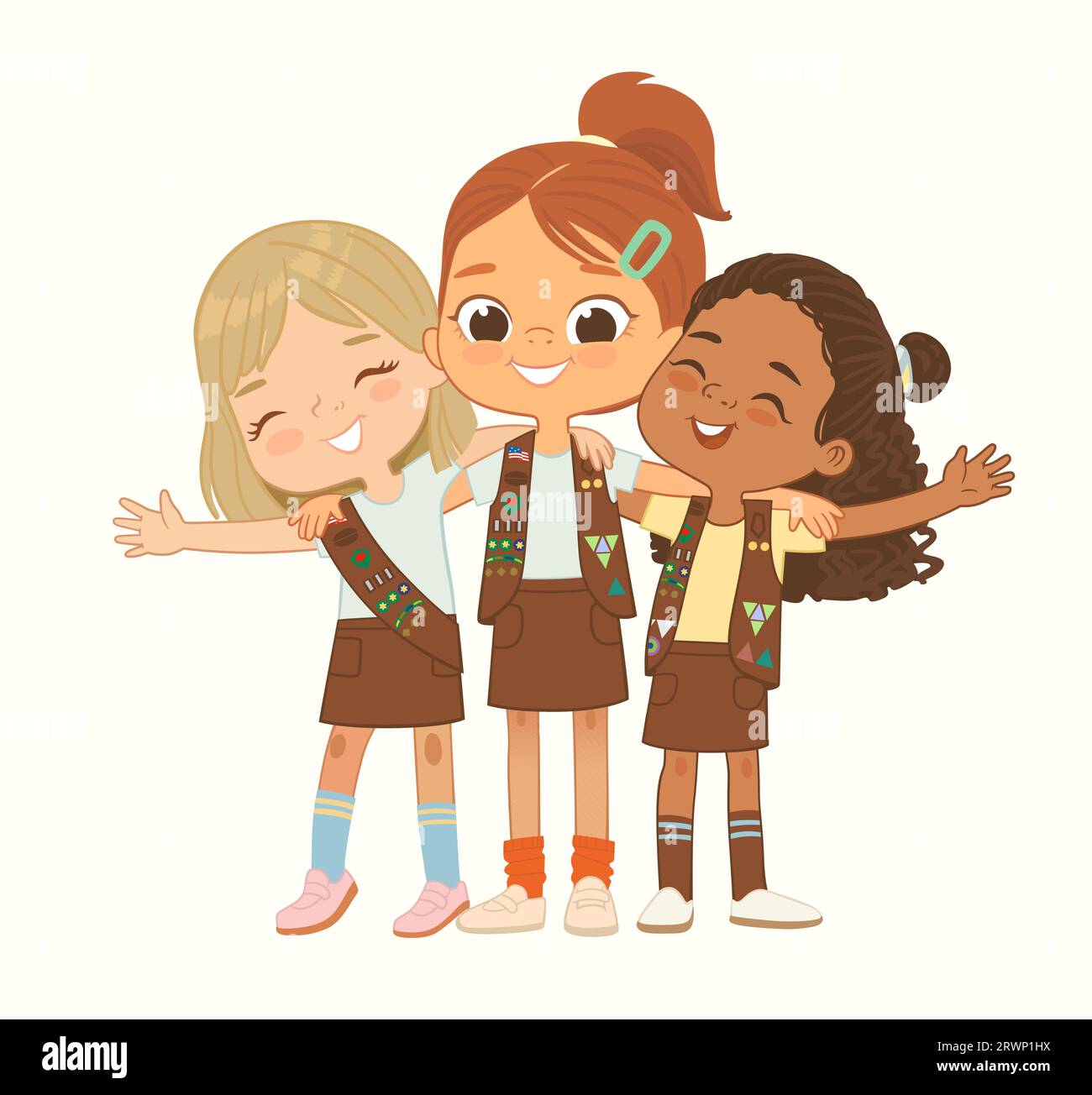 Joyeux multi ethnique multi âge Brownies filles scout câlin. Girls Scout Happy embrasser et sourire. Fille ensemble. Brownies Girls Scout Illustration de Vecteur