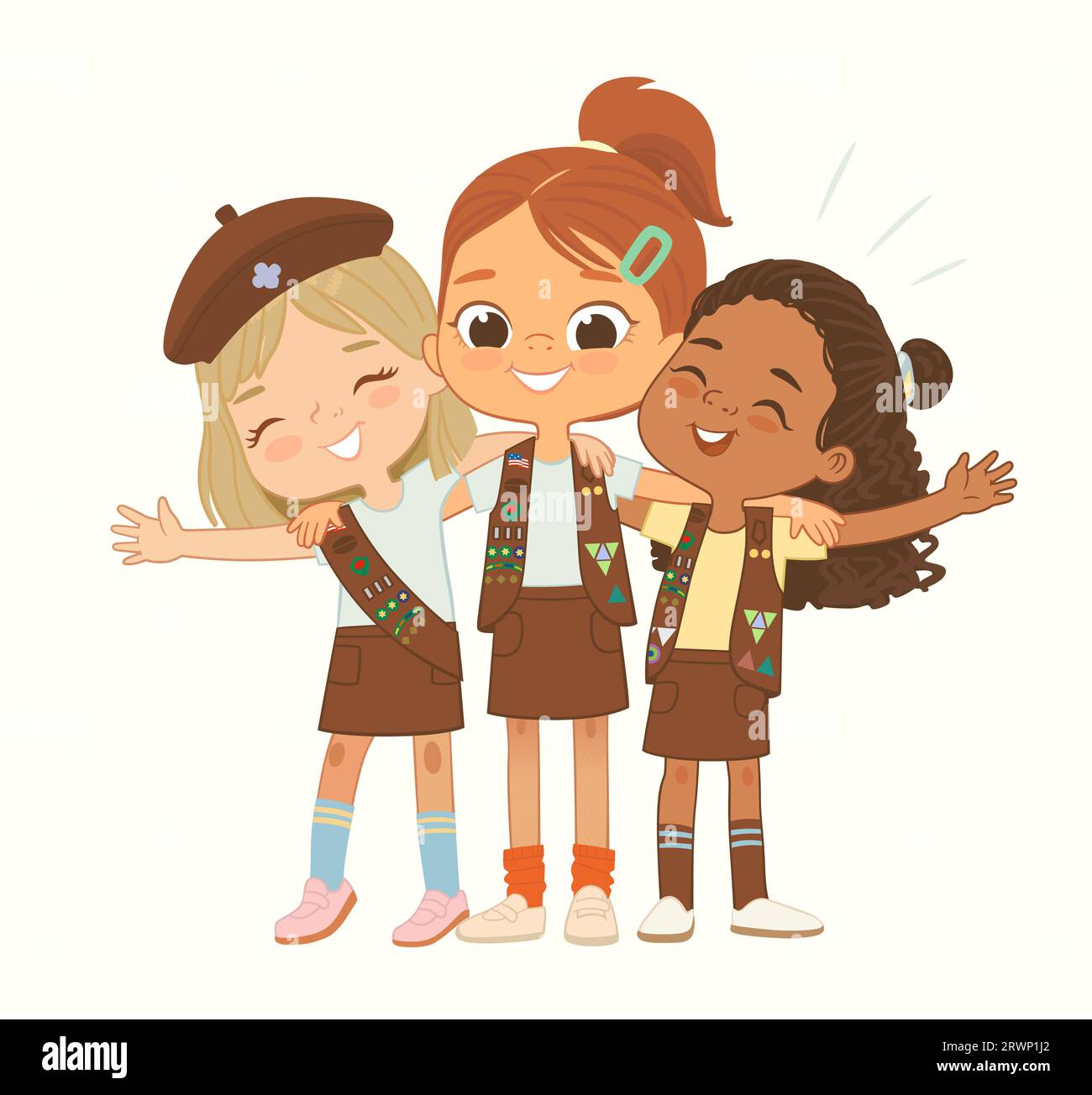 Joyeux multi ethnique multi âge Brownies filles scout câlin. Girls Scout Happy embrasser et sourire. Fille ensemble. Brownies Girls Scout Illustration de Vecteur