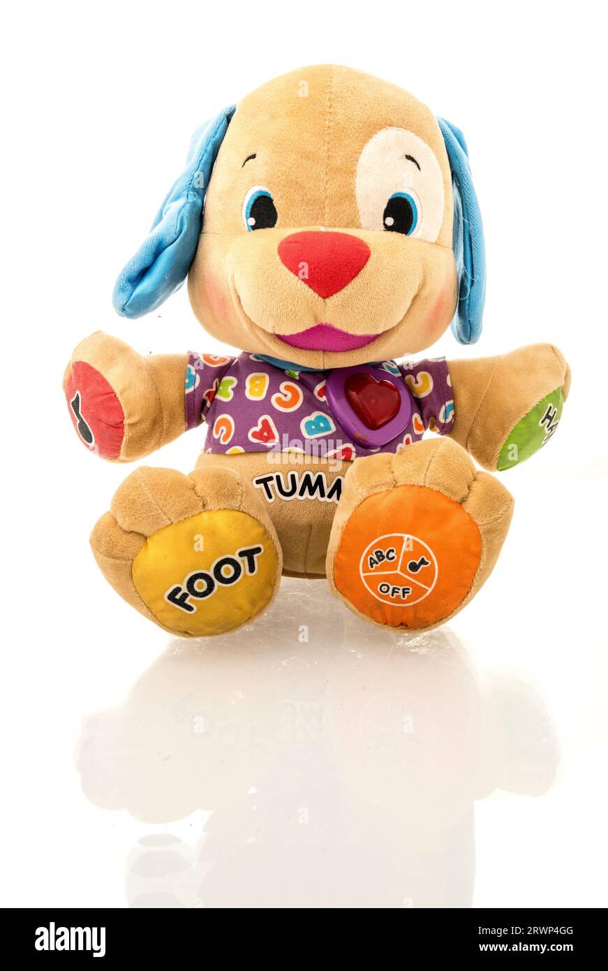 Winneconne, WI - 12 août 2023 : un paquet de Fisher Price Puppy Dog Tummy Talking Plush musical Toy ABC main pied jouet sur un fond isolé Banque D'Images