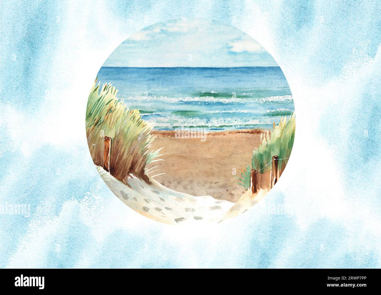 Modèle de carte de mer avec panorama de plage de mer Baltique, dunes de sable, éclaboussures d'aquarelle bleue. Illustration à l'aquarelle dessinée à la main. Pour le souvenir des fêtes Banque D'Images