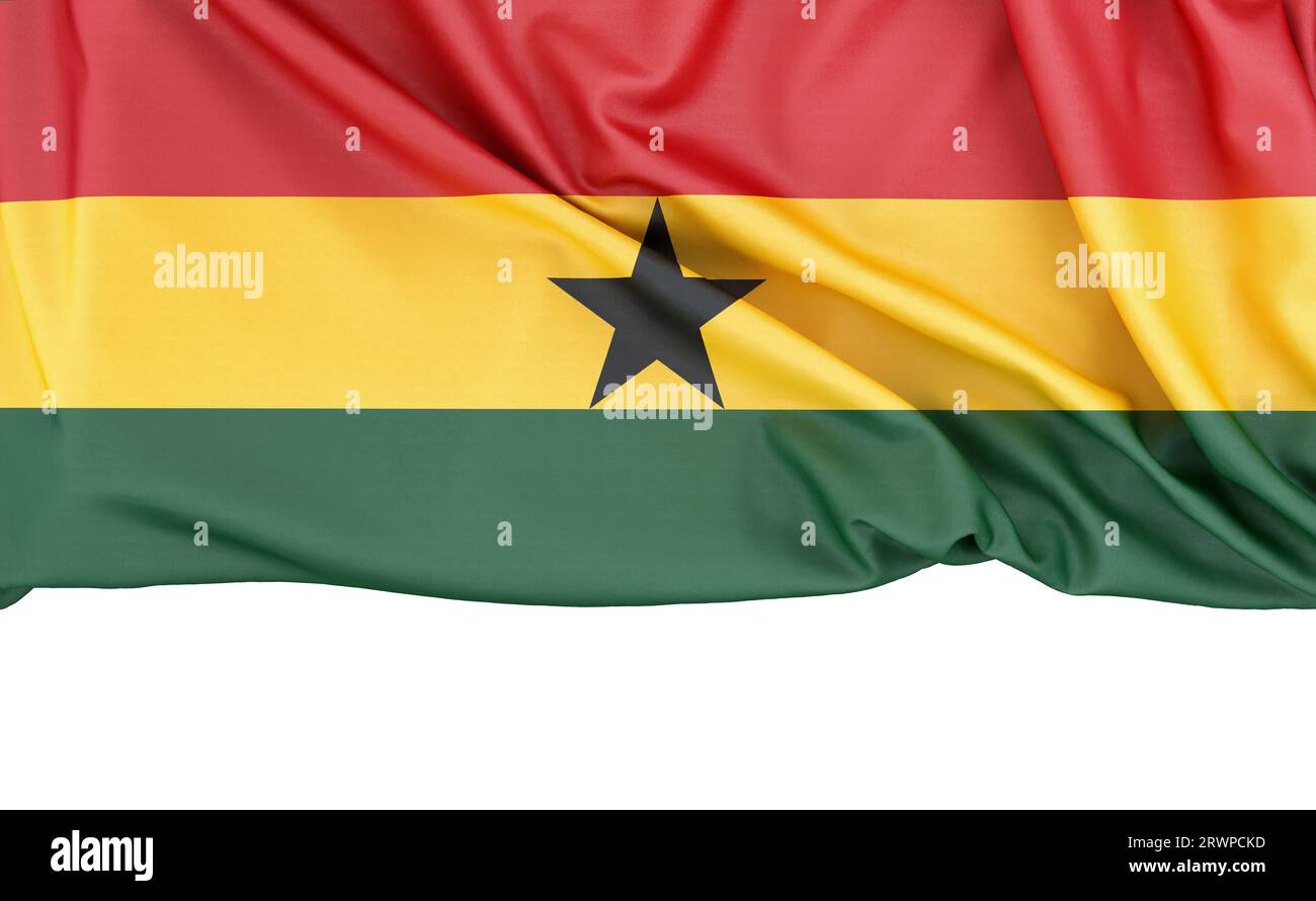 Drapeau du Ghana isolé sur fond blanc avec espace copie ci-dessous. Rendu 3D. Banque D'Images