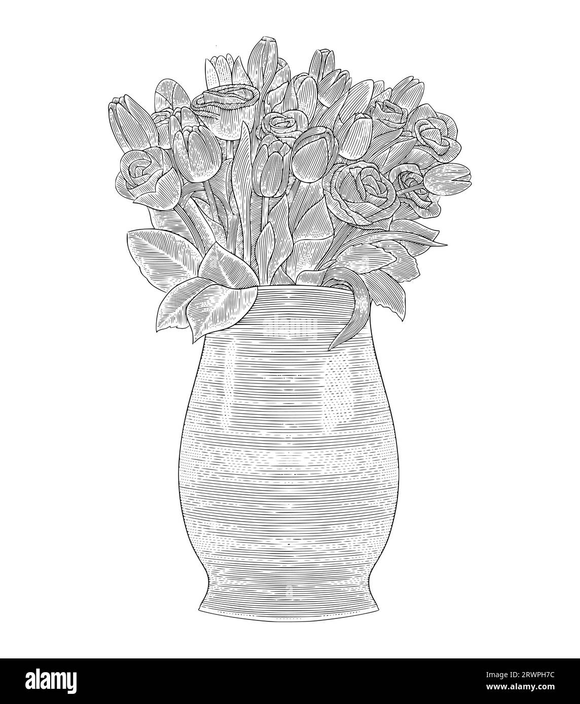 Fleurs de tulipe dans un vase, gravure vintage illustration vectorielle de style dessin Illustration de Vecteur