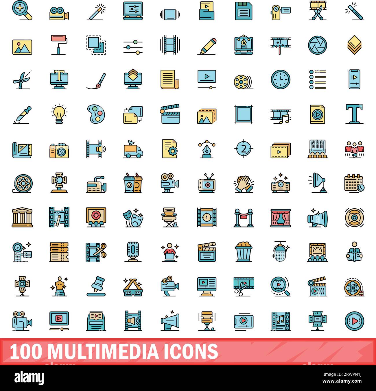 100 icônes multimédia définies. Ligne de couleur ensemble d'icônes vectorielles multimédia couleur ligne fine plat sur blanc Illustration de Vecteur