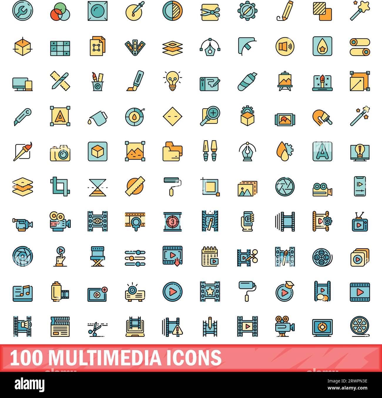 100 icônes multimédia définies. Ligne de couleur ensemble d'icônes vectorielles multimédia couleur ligne fine plat sur blanc Illustration de Vecteur
