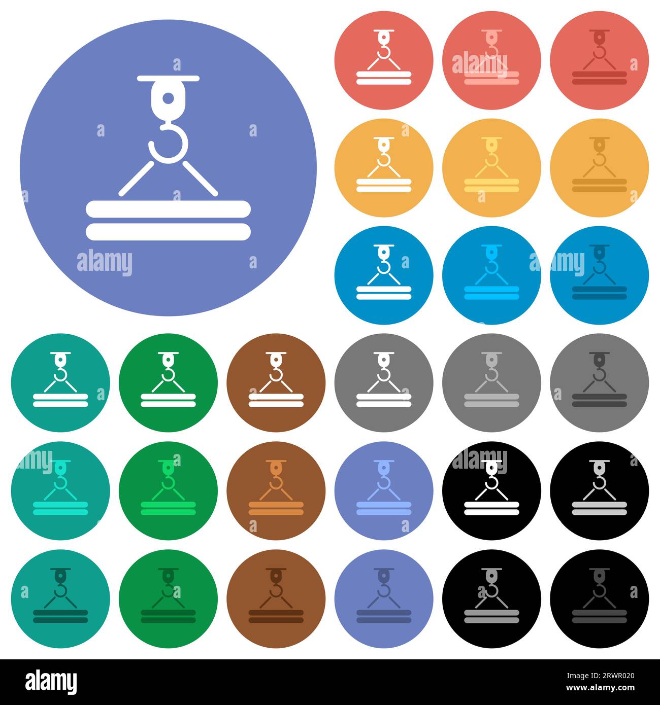 Grue de construction et fret icônes plates multicolores sur des fonds ronds. Inclus des variations d'icônes blanches, claires et sombres pour le hover et les statistiques actives Illustration de Vecteur