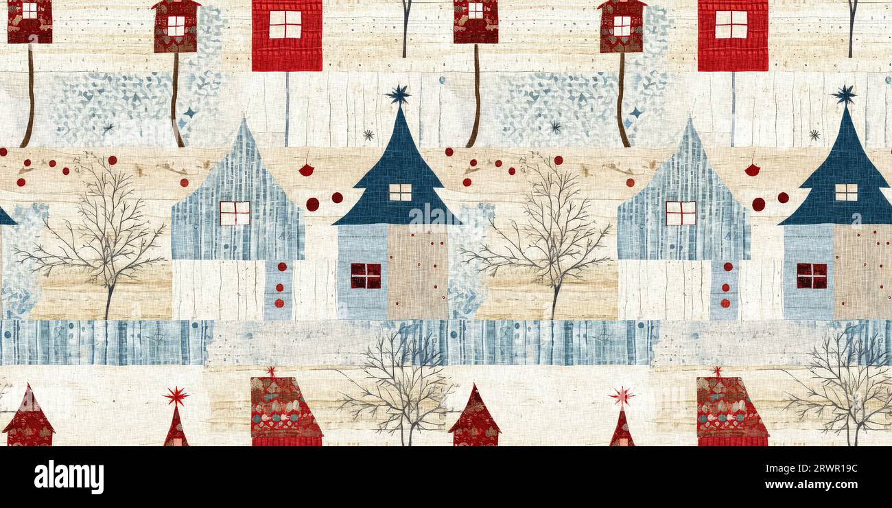 Chalet de noël rustique avec effet de tissu de couture à la main primitive. bordure. Garniture de ruban homespun chic et nostalgique douillet avec americana Banque D'Images