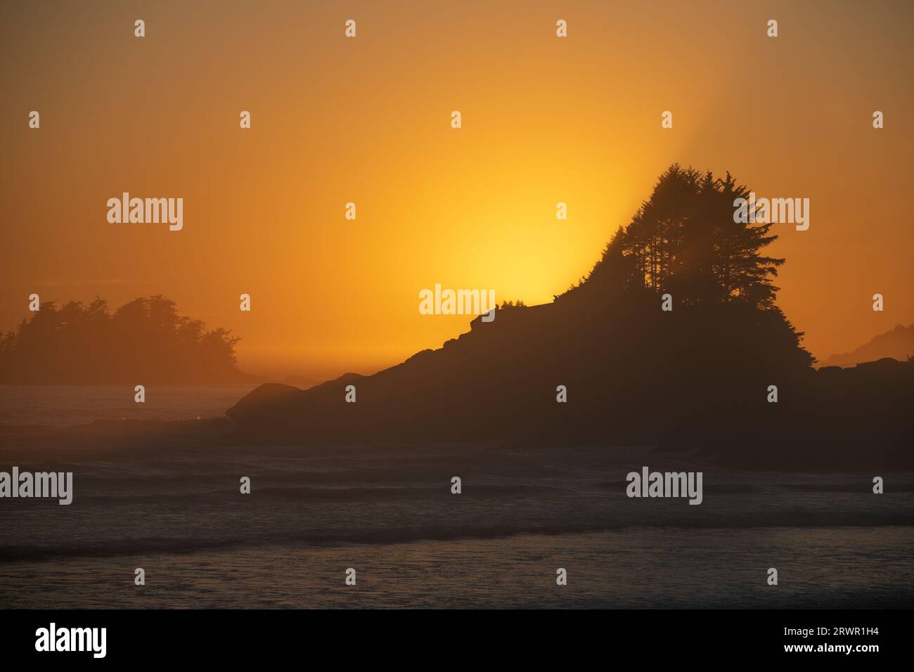 Cox Bay Beach au coucher du soleil avec des silhouettes de gens sur Sunset point, Tofino, Île de Vancouver, Colombie-Britannique, Canada. Banque D'Images