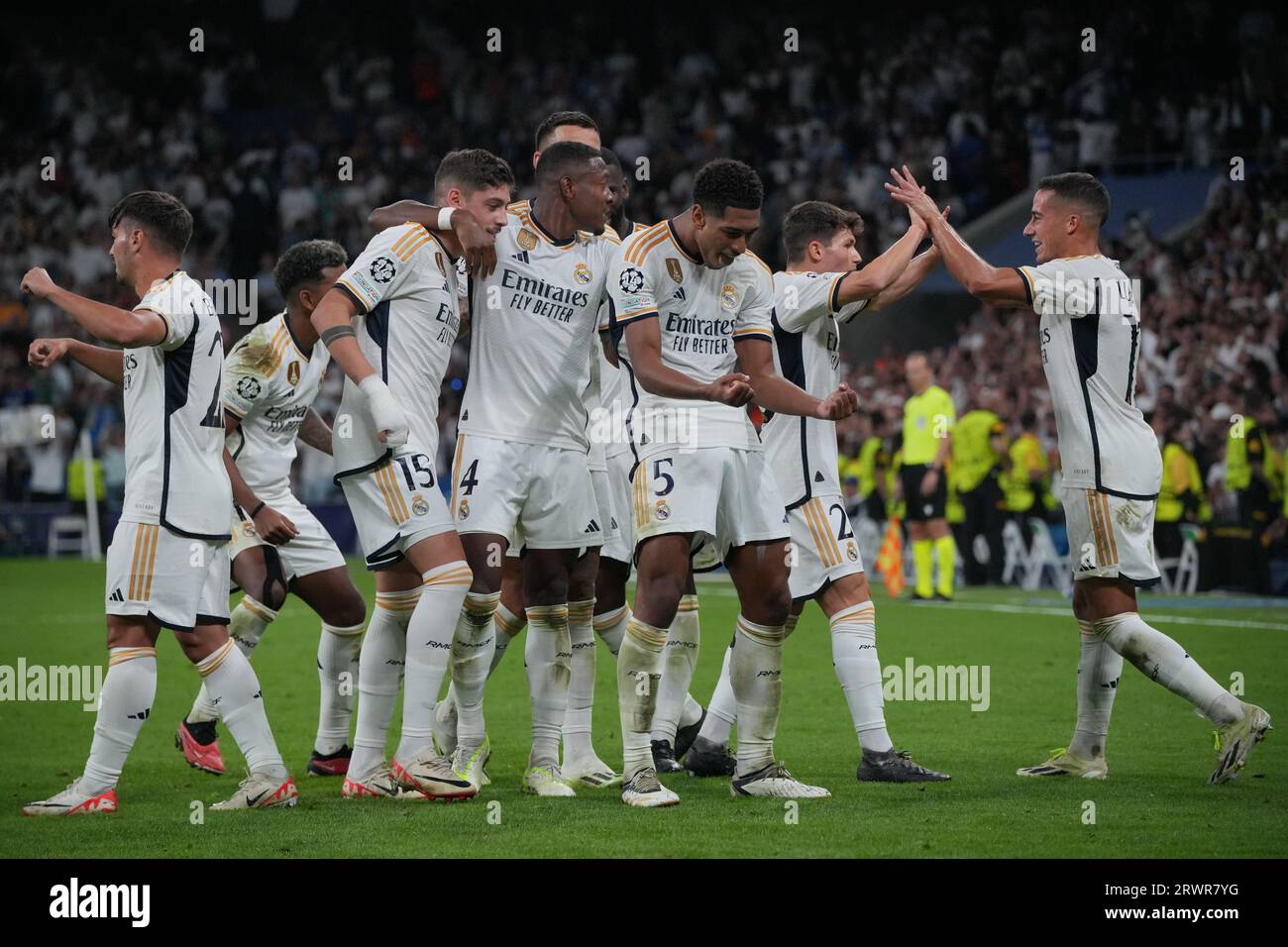 Madrid, Espagne. 20 septembre 2023. Les joueurs du Real Madrid célèbrent un but lors du match de l'UEFA Champions League Group C entre le Real Madrid et l'Union Berlin à Madrid, Espagne, le 20 septembre 2023. Crédit : Yuheng Zhang/Xinhua/Alamy Live News Banque D'Images