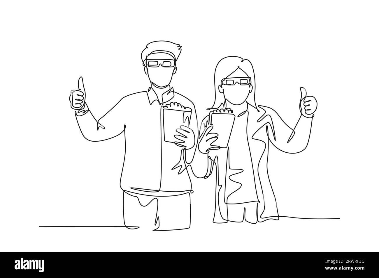 Continu une ligne dessinant jeune couple heureux donnant les pouces vers le haut geste et tenant pop corn prêt à regarder le film au cinéma. Concept de divertissement. S Banque D'Images