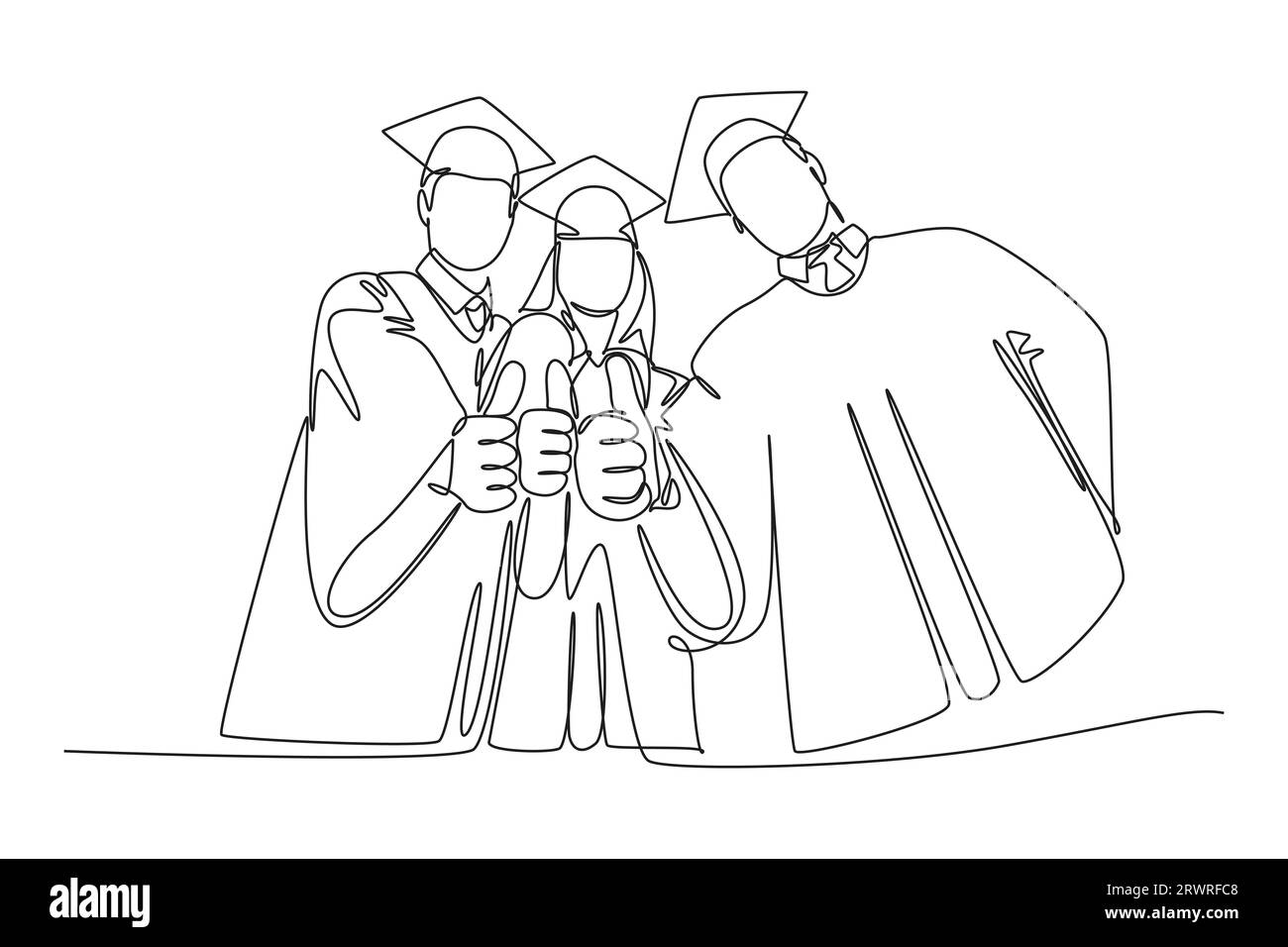 Ligne continue unique dessinant de jeunes étudiants diplômés heureux portant la robe de fin d'études et donnant le geste des pouces. Concept de diplôme en éducation. Banque D'Images