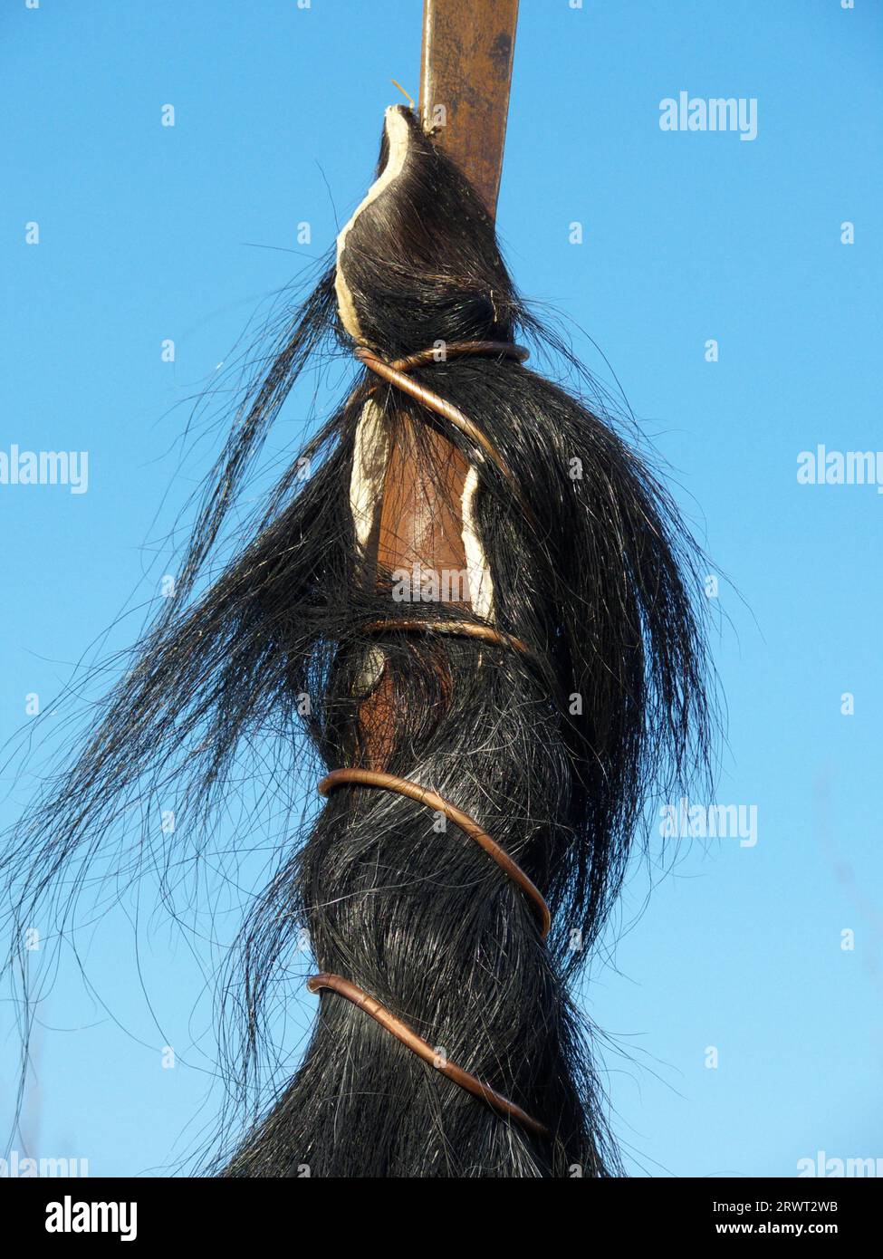 Objet culte indien sous la forme d'une lance enveloppée d'un cuir chevelu de cheval, fond de ciel bleu Banque D'Images