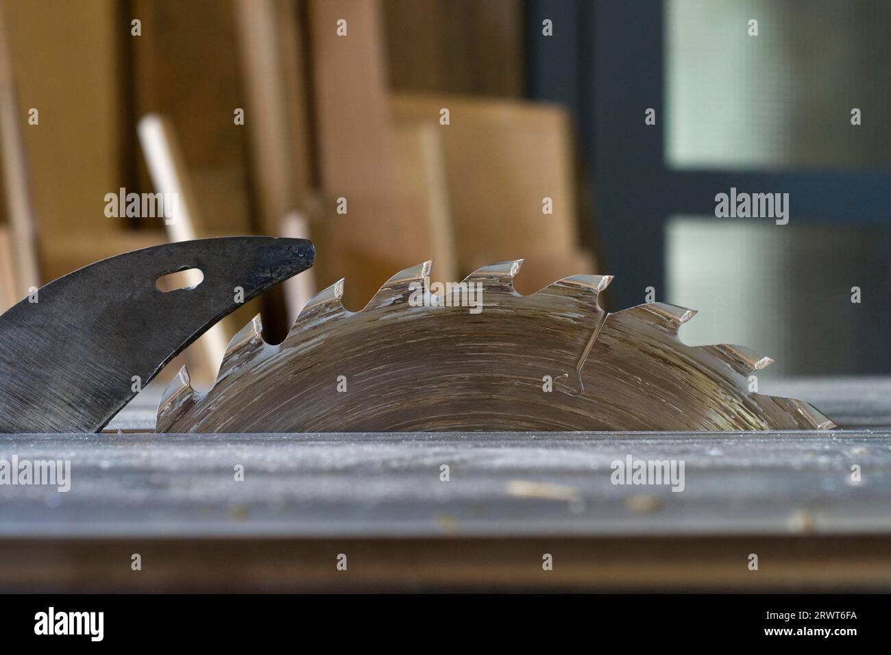 Une lame de scie circulaire d'une scie à table avec couteau de découpe dans un atelier de menuisier Banque D'Images