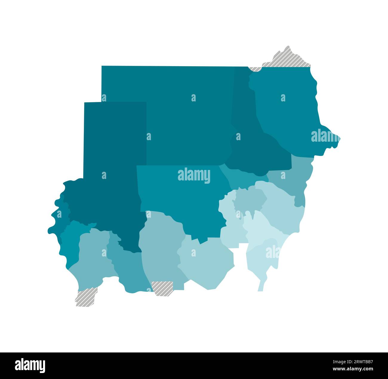 Illustration isolée vectorielle de la carte administrative simplifiée du Soudan. Frontières des régions. Silhouettes kaki bleues colorées. Illustration de Vecteur