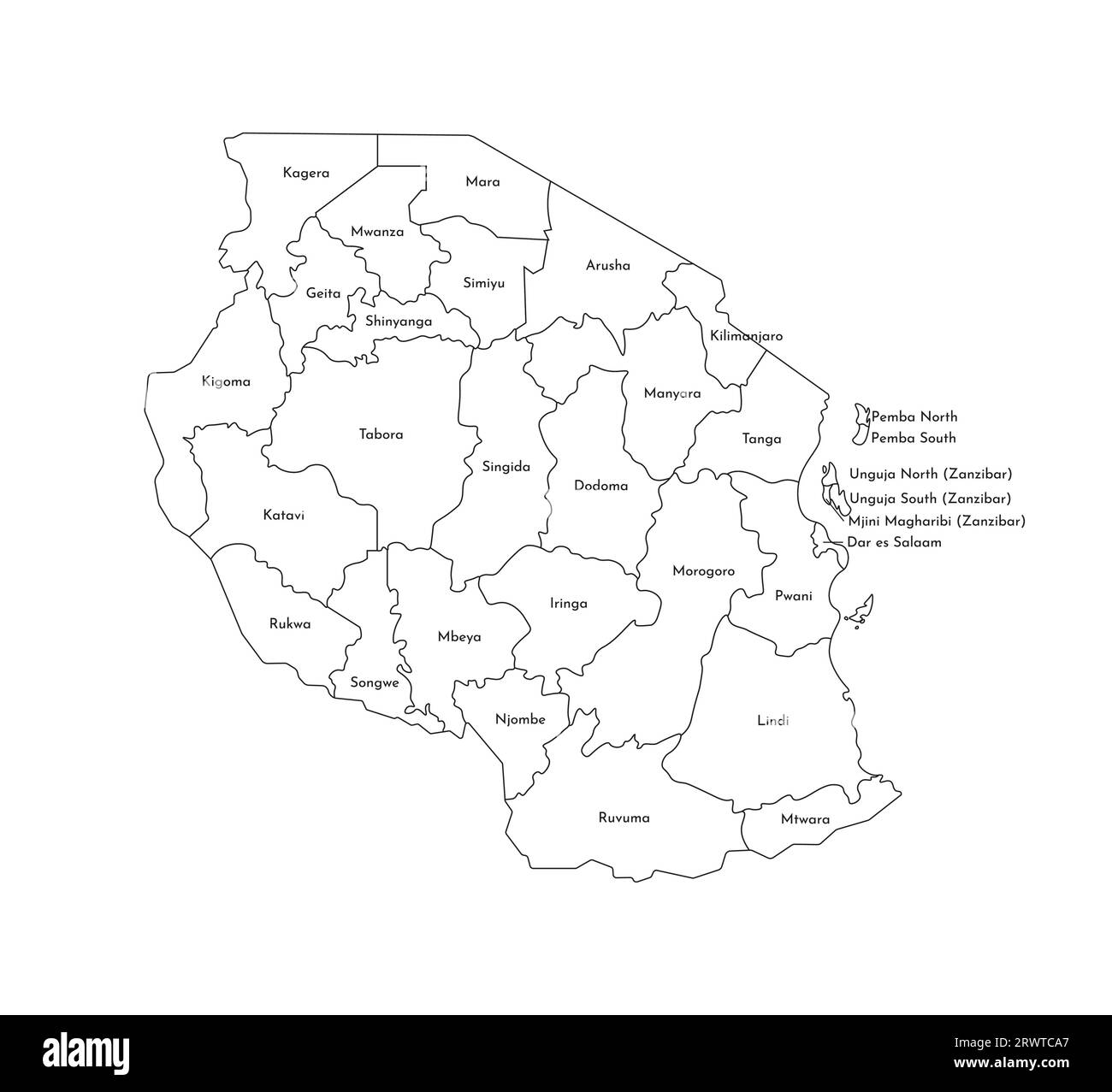 Illustration isolée vectorielle de la carte administrative simplifiée de la Tanzanie. Frontières et noms des régions. Silhouettes de lignes noires. Illustration de Vecteur