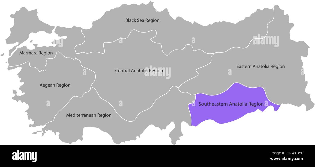 Carte simplifiée isolée par vecteur des régions de Turquie. Marqué région du sud-est de l'Anatolie. Frontières et noms des divisions administratives. Silhouettes grises Illustration de Vecteur