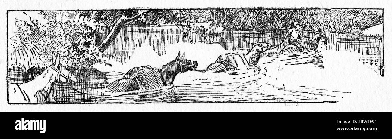 Illustration d'un colon traversant une rivière avec plusieurs chevaux de meute chargés de marchandises, vers 1910 Banque D'Images