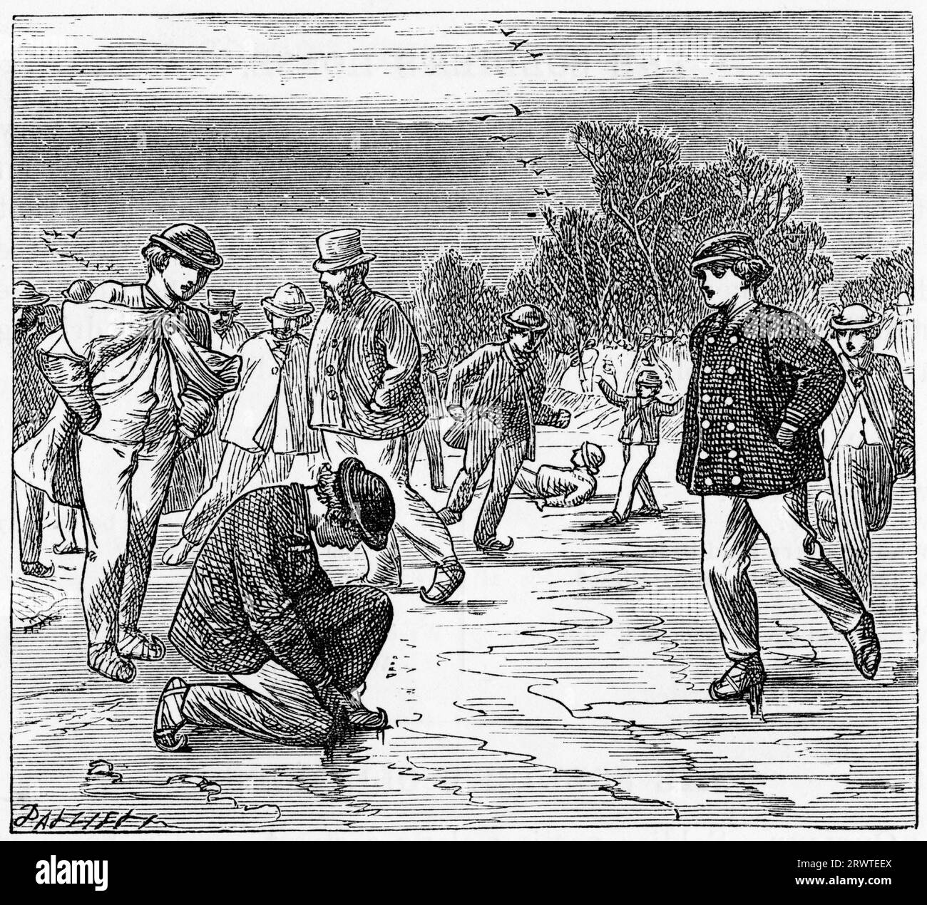 Gravure d'un groupe de personnes patinant sur glace sur un étang gelé, publiée en 1896 Banque D'Images