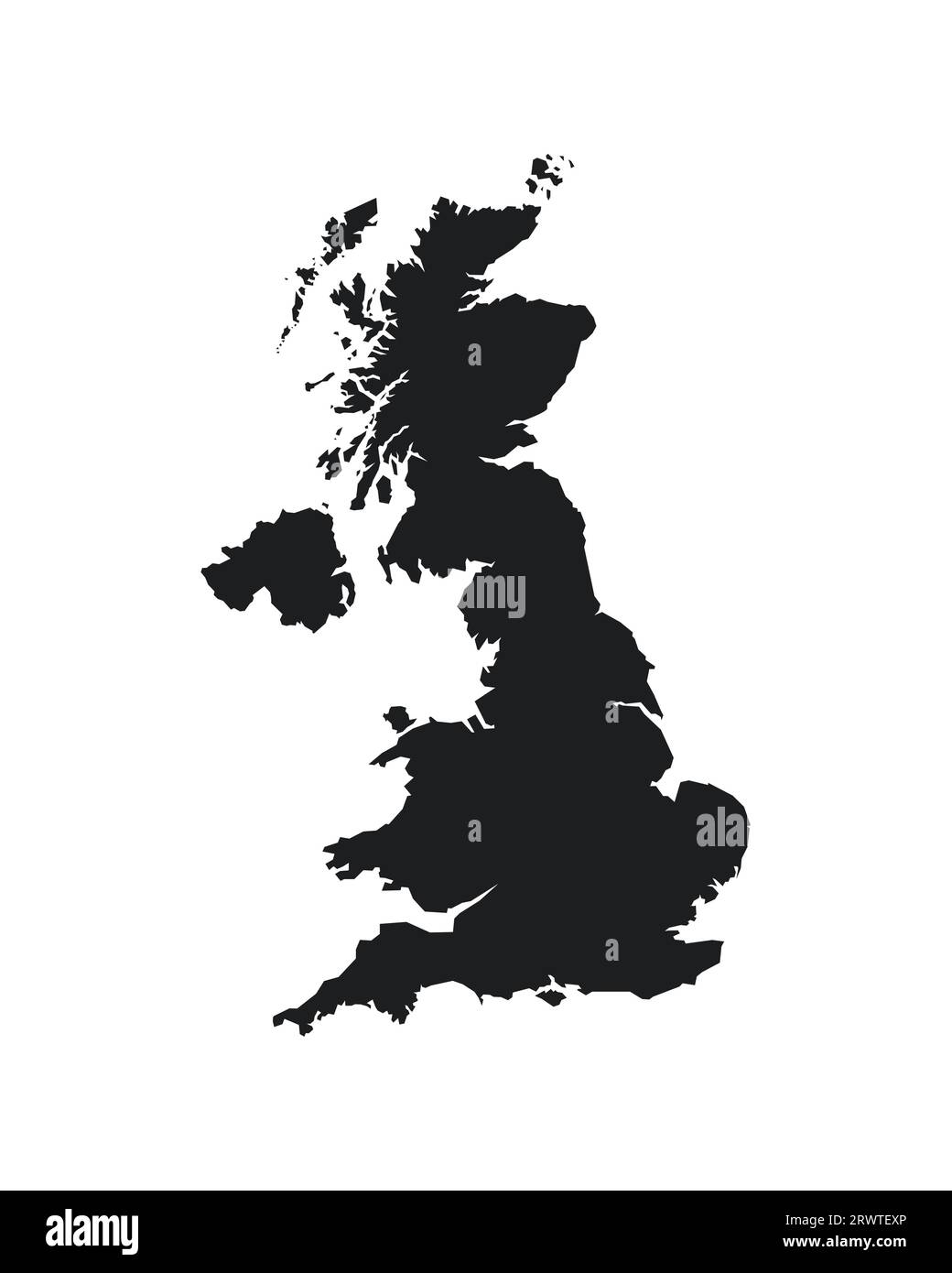 Icône d'illustration simplifiée isolée vectorielle avec silhouette noire de la carte du Royaume-Uni de Grande-Bretagne et d'Irlande du Nord (UK). Fond blanc Illustration de Vecteur