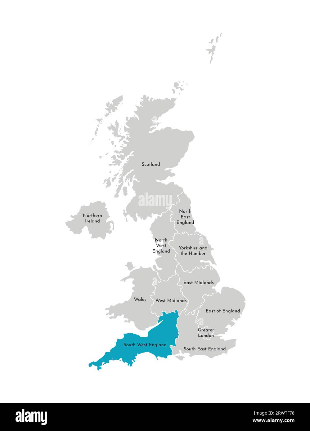 Illustration isolée vectorielle de la carte administrative simplifiée du Royaume-Uni (UK). Forme bleue du sud-ouest de l'Angleterre. Bordures et noms du r Illustration de Vecteur