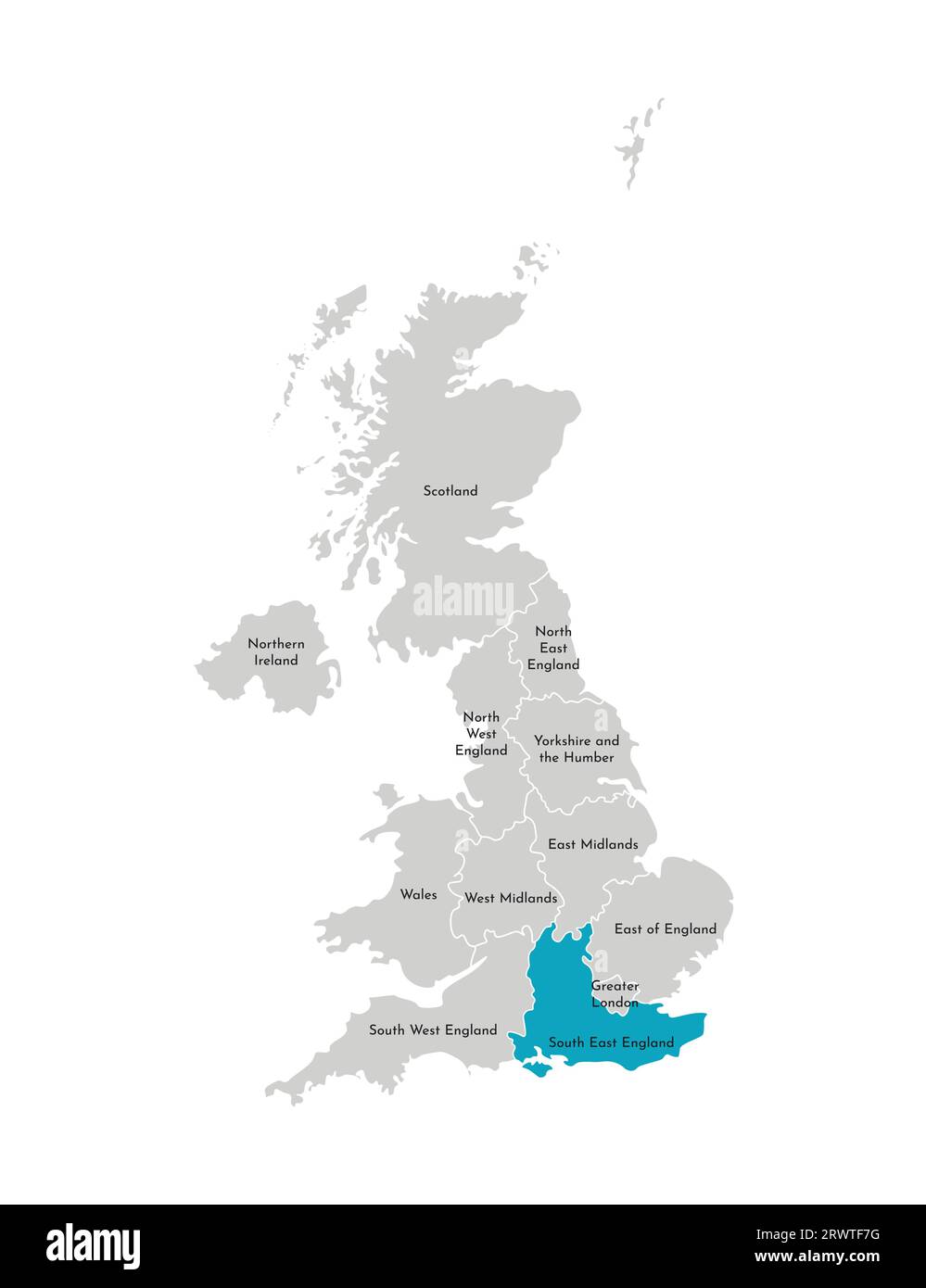 Illustration isolée vectorielle de la carte administrative simplifiée du Royaume-Uni (UK). Forme bleue du sud-est de l'Angleterre. Bordures et noms du r Illustration de Vecteur