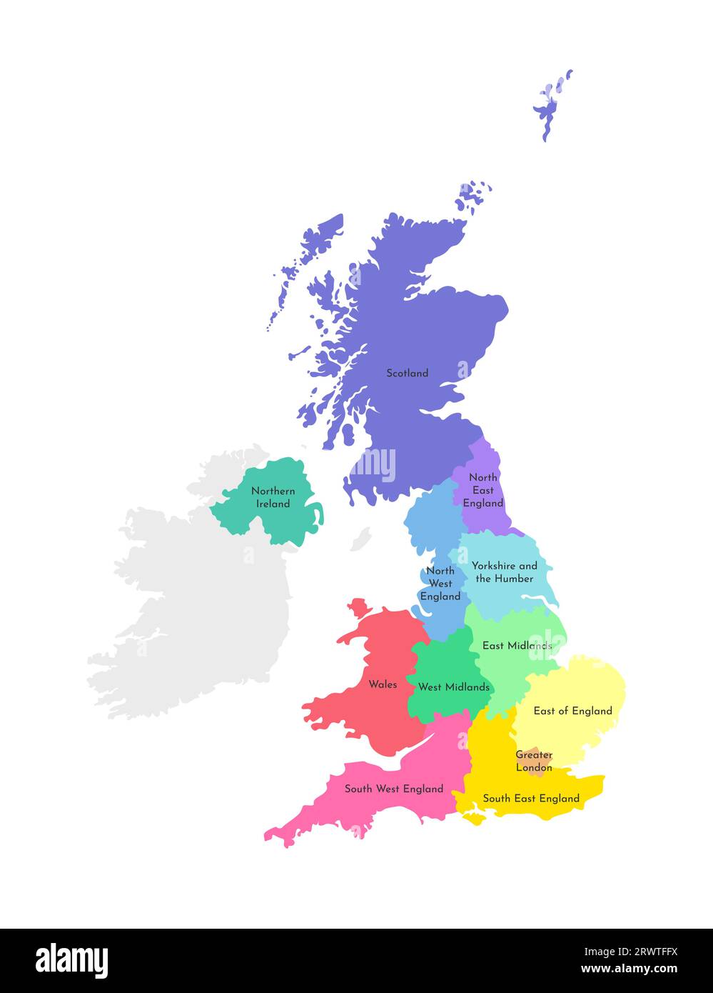 Illustration vectorielle isolée d'une carte administrative simplifiée du Royaume-Uni de Grande-Bretagne et d'Irlande du Nord. Bordures et noms des RE Illustration de Vecteur
