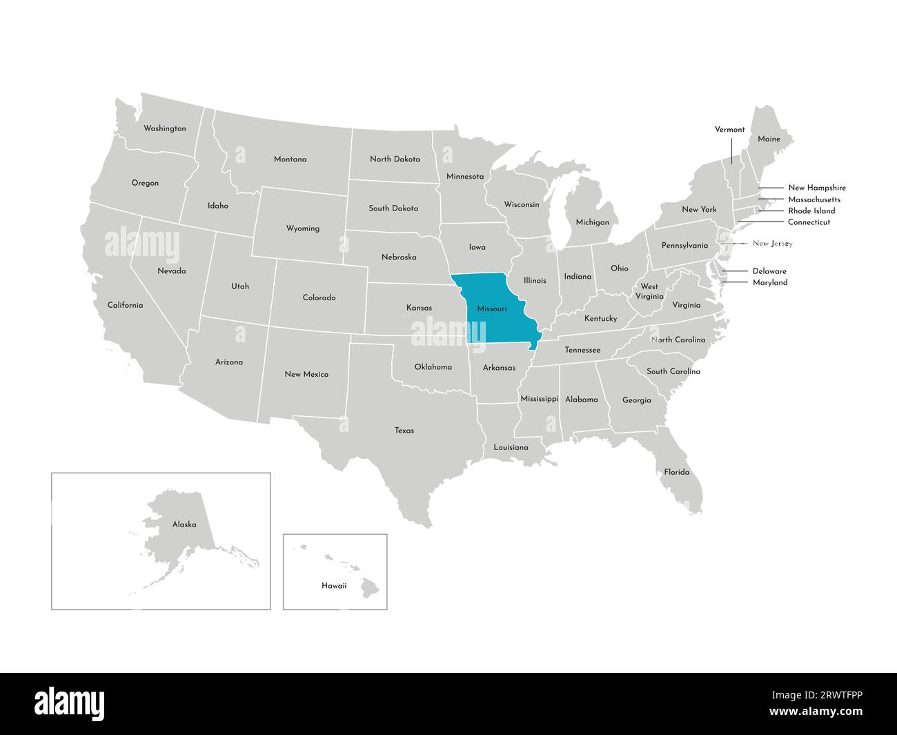 Illustration isolée vectorielle de la carte administrative simplifiée des USA. Frontières des États avec noms. Silhouette bleue du Missouri (état). Illustration de Vecteur