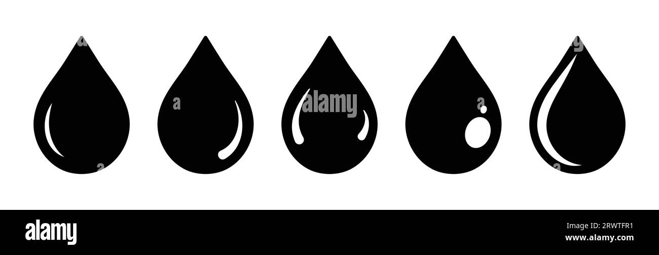 Set de gouttes d'eau en couleur noir et blanc. Forme de goutte d'eau. jeu de gouttes d'eau vector. Goutte d'eau ou d'huile. Style plat isolé sur fond blanc - Vector Illustration de Vecteur