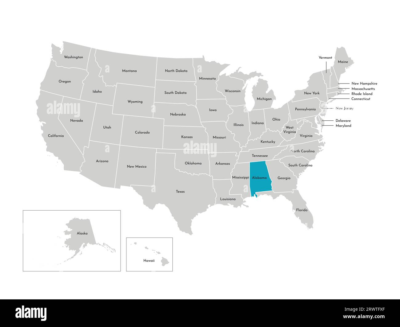 Illustration isolée vectorielle de la carte administrative simplifiée des USA. Frontières des États avec noms. Silhouette bleue de l'Alabama (état). Illustration de Vecteur