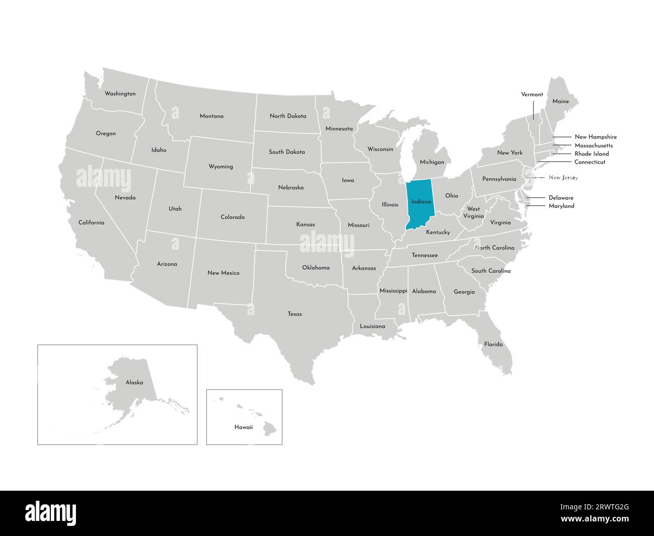 Illustration isolée vectorielle de la carte administrative simplifiée des USA. Frontières des États avec noms. Silhouette bleue de l'Indiana (état). Illustration de Vecteur