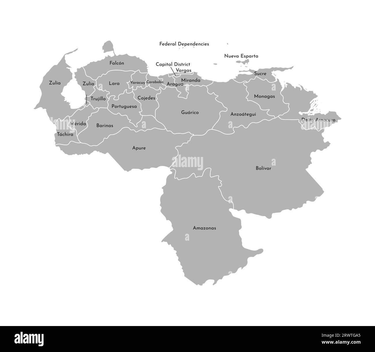 Illustration isolée vectorielle de carte administrative simplifiée du Venezuela. Frontières et noms des provinces (régions). Silhouettes grises. Sortie blanche Illustration de Vecteur