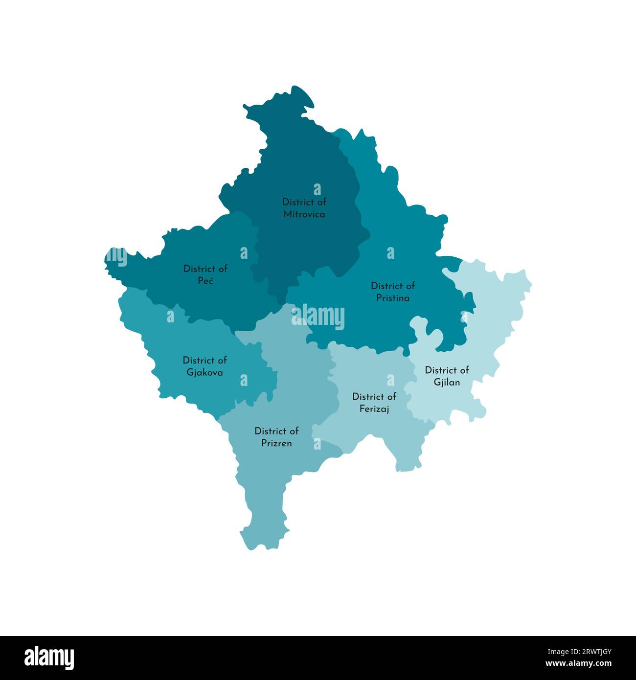 Illustration isolée vectorielle de la carte administrative simplifiée du Kosovo. Frontières et noms des districts. Silhouettes kaki bleues colorées Illustration de Vecteur