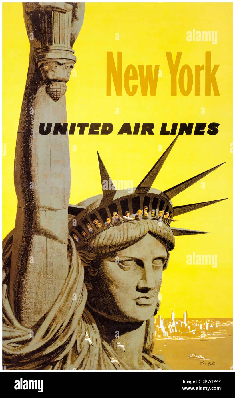 New York, United Airlines, affiche de voyage vintage américain, 1960-1969 Banque D'Images
